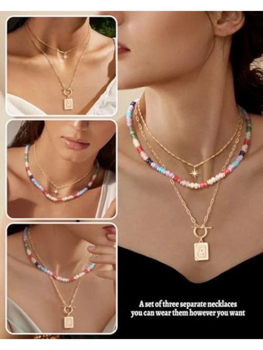 14K Gold Plated Layer Necklace Set Star Choker Beaded Letter Pendant